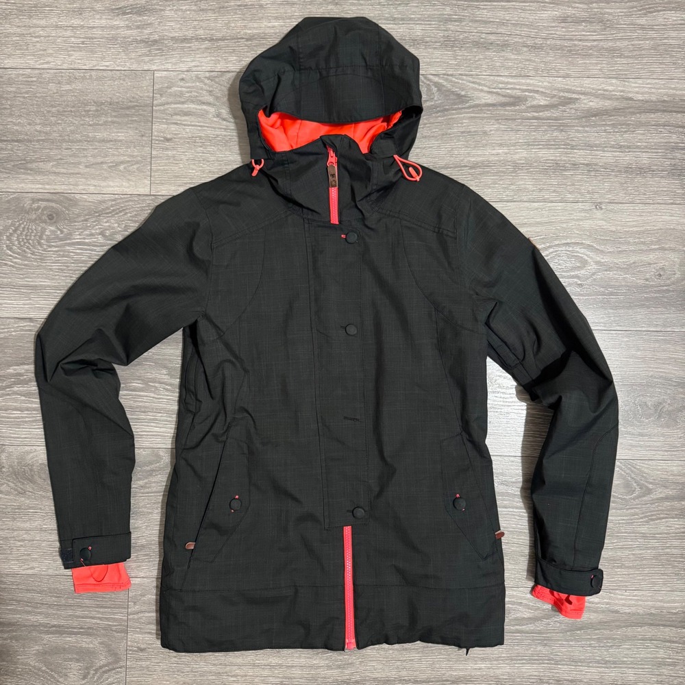 DC Data Women Snowboard Ski Jacket Black Neon Coral 10K Waterproof Small Hooded